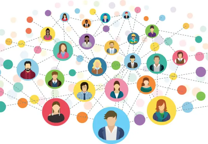 Wizualizacja pokazuje, jak działa networking: połączeni ludzie tworzą sieć kontaktów, wymieniając się pomysłami i budując relacje.