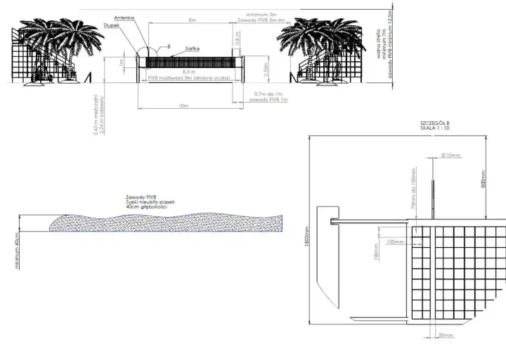 Wymiary boiska do siatkówki plażowej: wysokość siatki męskiej 2,43 m, szerokość 8 m, głębokość piasku 40 cm.