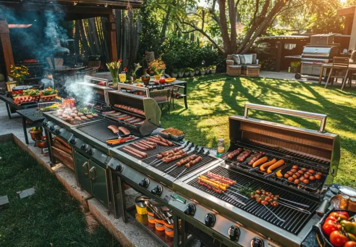 Un grand barbecue en plein air, prêt pour un apéro barbecue. Des saucisses, brochettes et légumes grillent sur plusieurs niveaux, dans un jardin ensoleillé.