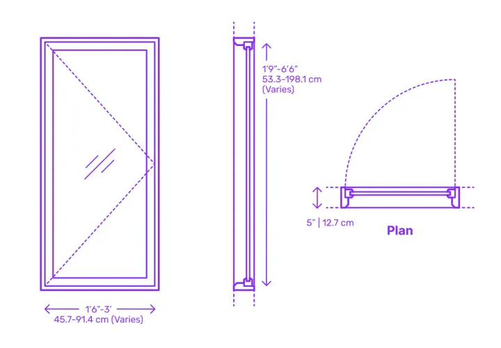 Disegno tecnico di una finestra a battente con misure. Vista frontale, laterale e in pianta.