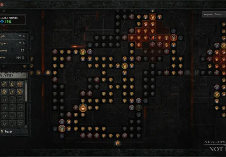 Diablo 4 drzewko umiejętności: panel z dostępnymi punktami, statystykami i glifami. Rozbudowany system rozwoju postaci.