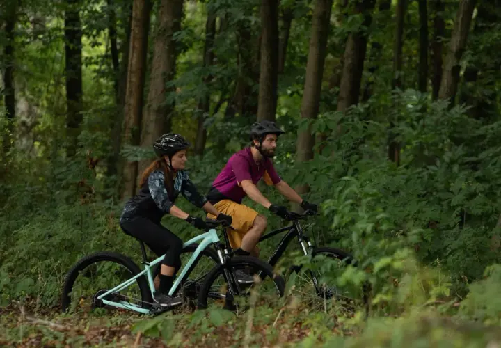 Para jadąca na rowerach górskich przez las. Czy to gravel, czy MTB? Wybór należy do nich.