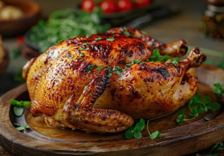 Un appétissant poulet au four, doré et garni de persil frais, sur un plateau en bois rustique.