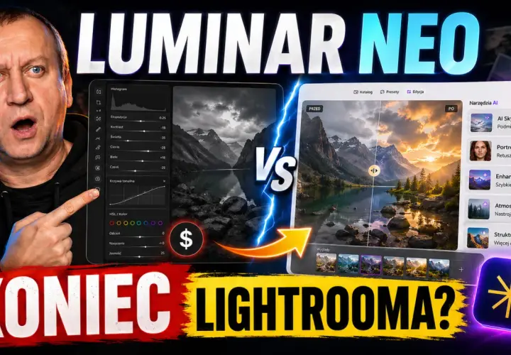 Mężczyzna zszokowany porównuje edycję zdjęć w Luminar AI i Lightroom, pokazując różnice w obróbce krajobrazu.