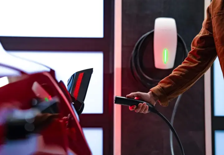 Ręka trzymająca ładowarkę do samochodu elektrycznego przy czerwonym aucie. Obok widać biały wallbox z zielonym wskaźnikiem.