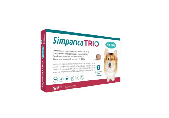 Opakowanie Simparica TRIO dla psów >10-20 kg. Sprawdź tabletki antykoncepcyjne dla psa cena.
