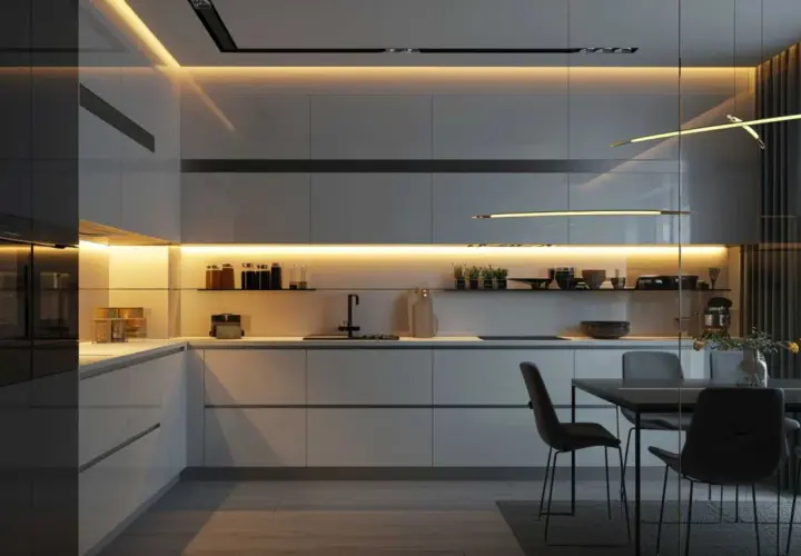 Cocina moderna con iluminación cálida bajo gabinetes y en el techo. La luz es clave para crear ambiente, ¿qué luz es mejor para la cocina?