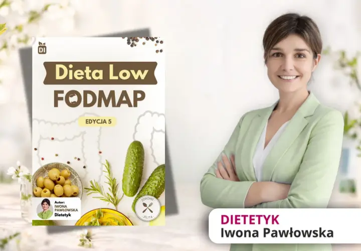 Okładka książki "Dieta Low FODMAP" z autorką Iwoną Pawłowską.