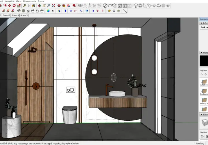 Nowoczesny program do projektowania łazienki. Widok 3D prysznica, toalety i umywalki z drewnianymi elementami.