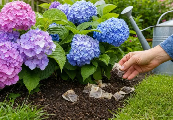 Une main ajoute du marc de thé au pied d'hortensias aux magnifiques fleurs roses et bleues. L'hortensia couleur est sublimé par ce geste.