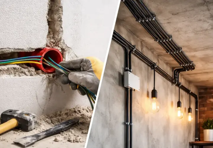 Przegląd instalacji elektrycznej: montaż przewodów w ścianie i estetyczne prowadzenie kabli z lampami w industrialnym stylu.