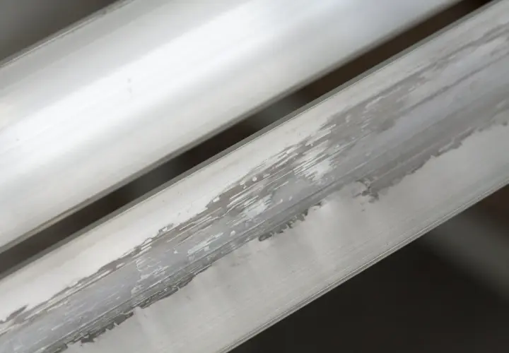 Aluminium nie rdzewieje, ale może ulegać korozji, tworząc biały nalot, jak widać na tych metalowych profilach.