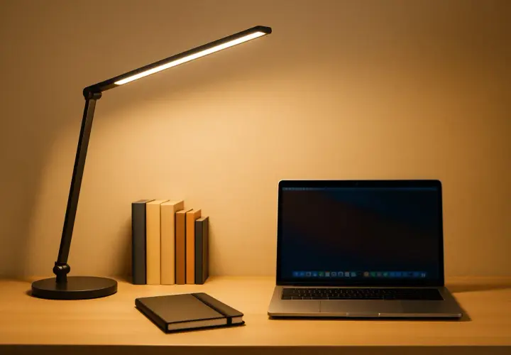 Escritorio con portátil, libros y flexos modernos iluminando la escena.