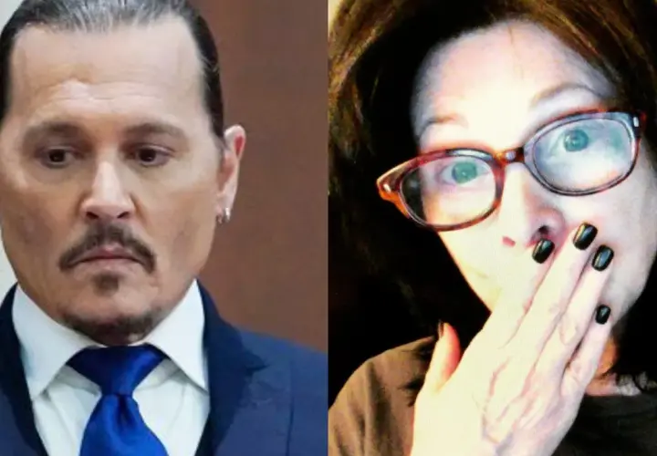 Johnny Depp obok Lori Anne Allison, która zakrywa usta dłonią z czarnym lakierem.