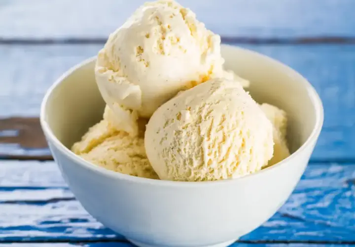 Pyszne lody śmietankowe w białej miseczce. Idealne na lato, gdy szukasz przepisu na lody śmietankowe.