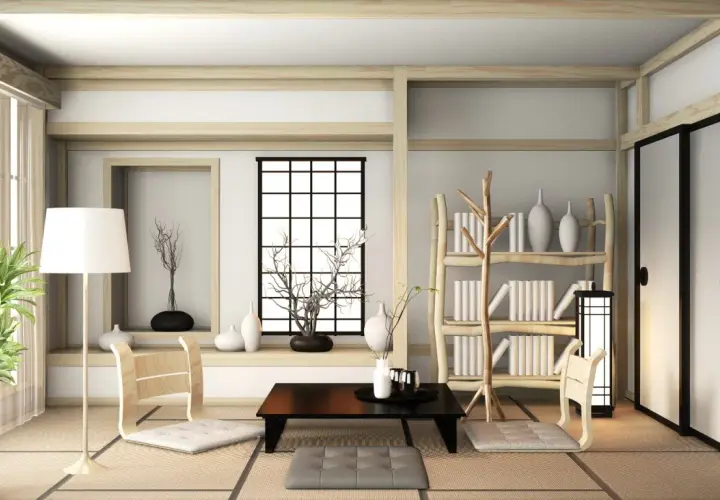 Minimalistyczny pokój młodzieżowy w stylu japońskim. Drewniane meble, tatami, lampa i rośliny tworzą spokojną atmosferę.