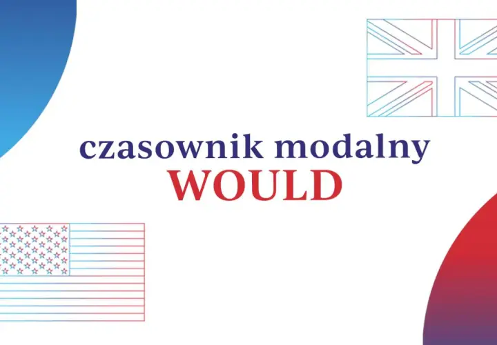Czasownik modalny WOULD, z flagami USA i Wielkiej Brytanii.
