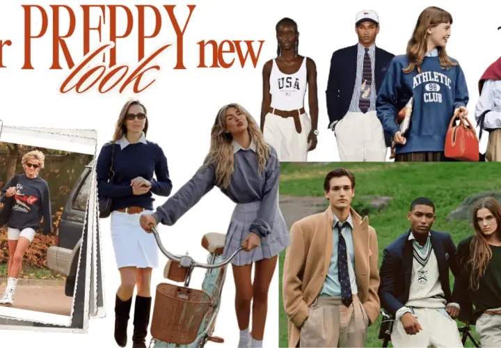 Colección de moda con estilo preppy: jóvenes con looks universitarios, ropa deportiva y trajes clásicos.