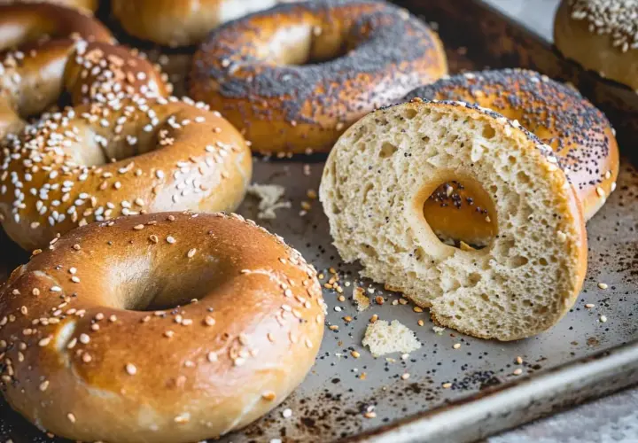 Färska bagels med sesamfrön och vallmofrön, redo att baka. En skuren bagel visar det fluffiga inre.
