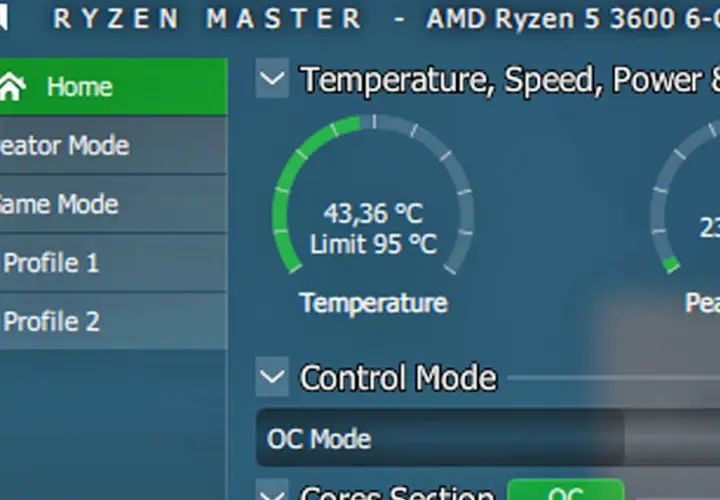 Monitorowanie temperatury procesora Ryzen 5 3600. Aktualna temperatura 43,36°C, limit 95°C. Optymalna jaką temperaturę powinien mieć procesor?