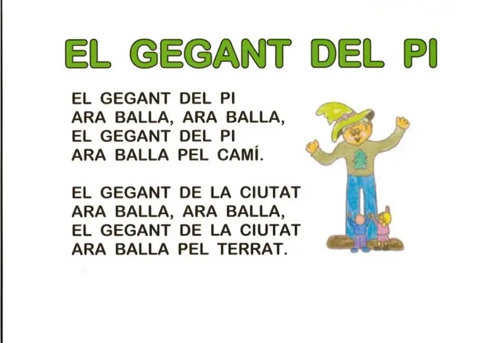 Canciones en valenciano para niños: "El Gegant del Pi" baila por el camino. Un gigante con sombrero verde y dos niños pequeños.