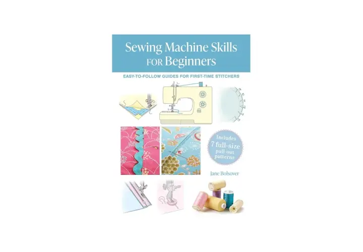 Book cover "Sewing Machine Skills for Beginners" showing illustrations of various sewing techniques, a sewing machine, and spools of thread, perfect for developing your sewing skills.