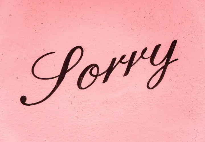 Napis "Sorry" czarną, ozdobną czcionką na różowym, chropowatym tle.