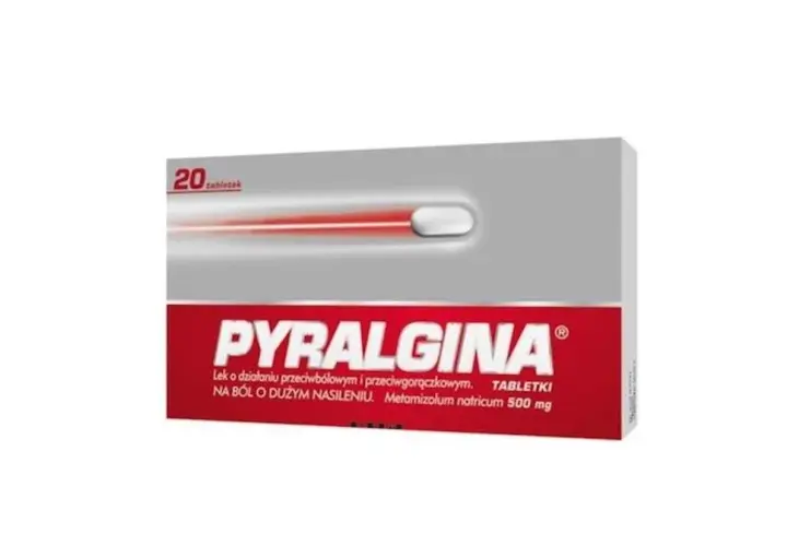 Opakowanie leku Pyralgina z 20 tabletkami, zawierające metamizol, na silny ból i gorączkę.