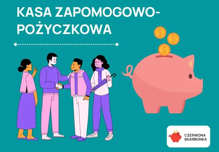 Ludzie zawierają umowę, a obok różowa świnka skarbonka przyjmuje monety. To wizualizacja kasy zapomogowo-pożyczkowej.