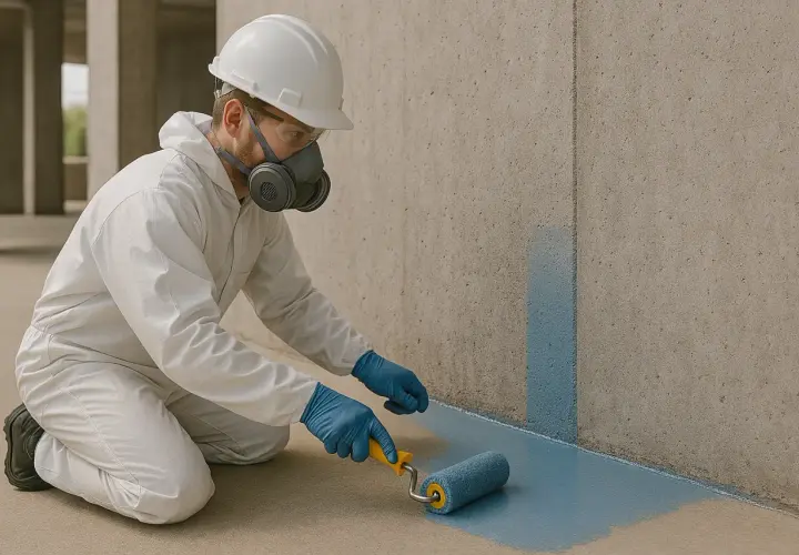 Arbetare i skyddsdräkt och mask behandlar betongskiva med en roller.