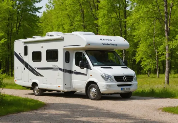 Un camping-car blanc, prêt pour une aventure naturiste, stationné sur un chemin de terre bordé d'arbres verdoyants.