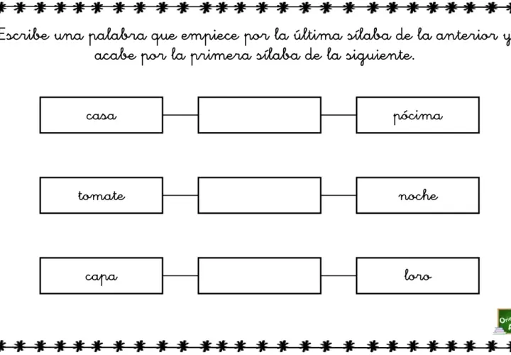 Hoja de trabajo para el juego de palabras encadenadas. Se pide escribir palabras que conecten por sílabas.
