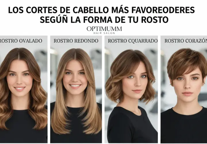 Cuatro mujeres muestran diferentes tipos de flequillo y cortes de cabello para rostros ovalados, redondos, cuadrados y en forma de corazón.