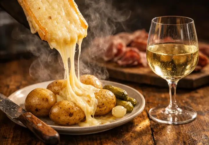 Raclette fondante sur pommes de terre, accompagnée de cornichons et d'un verre de vin blanc d'Alsace. Un délice réconfortant.