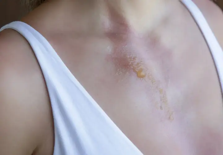 Peau rougie et cloquée sur le décolleté, signe de pigmentation de la peau après brûlure.