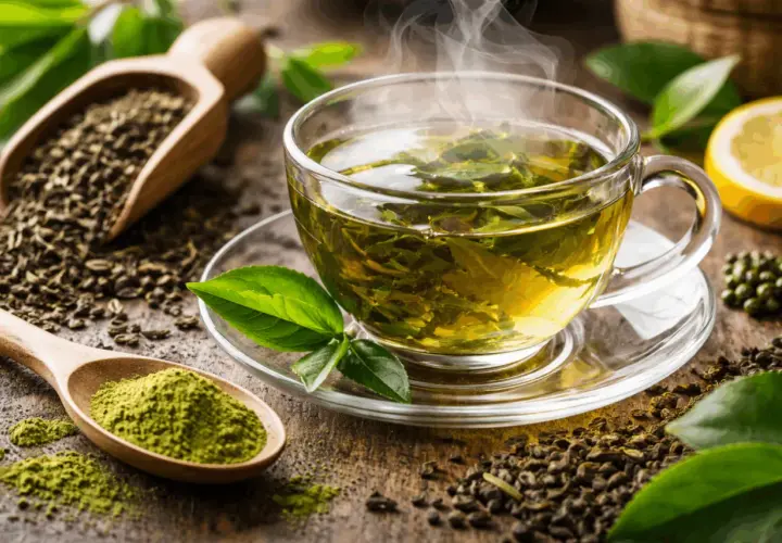 Tazza fumante di tè verde, con foglie e polvere di tè. Scopri i te verde benefici per il tuo benessere.