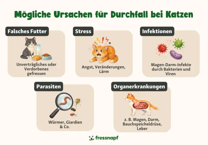 Grafik zeigt mögliche Ursachen für **Katze Durchfall**: Falsches Futter, Stress, Infektionen, Parasiten und Organerkrankungen.