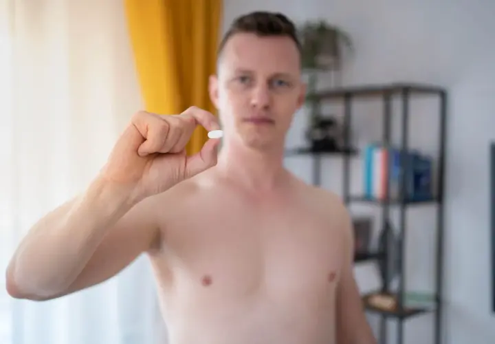 Mężczyzna trzyma tabletkę, która może pomóc w rozwiązaniu problemu, jak uzupełnić niski poziom testosteronu.
