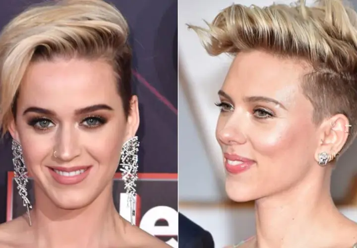 Katy Perry y Scarlett Johansson lucen atrevidos cortes de pelo mujer corto estilo pixie moderno, con laterales rapados y volumen en la parte superior.