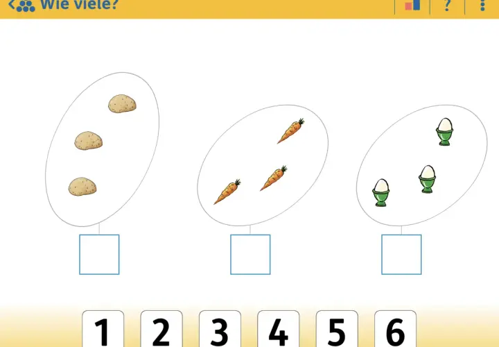 Zähle die Kartoffeln, Karotten und Eier. Übe blitzrechnen online, indem du die richtige Zahl auswählst.