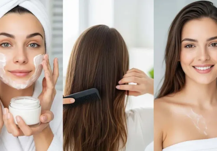 Rutina de belleza: mujer aplica crema en rostro, peina su cabello y sonríe con un toque de pantenol que es un humectante.