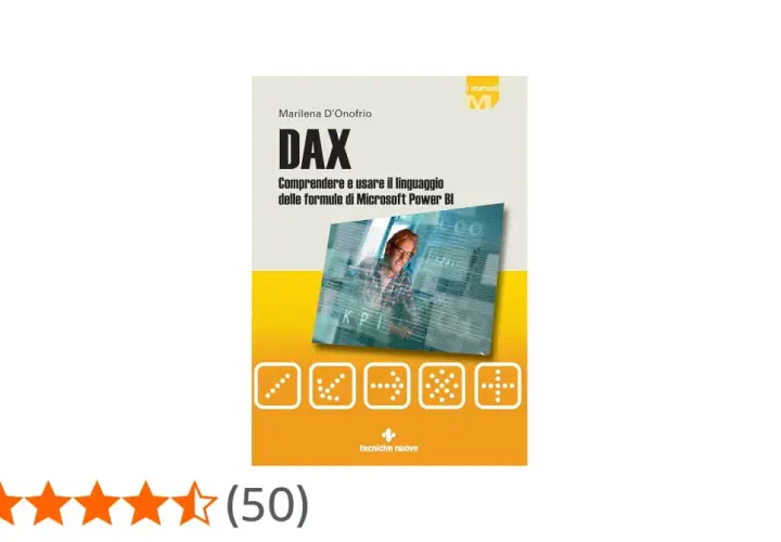 Copertina libro "DAX: Comprendere e usare il linguaggio delle formule di Microsoft Power BI". Immagine di un uomo davanti a uno schermo con grafici e formule.