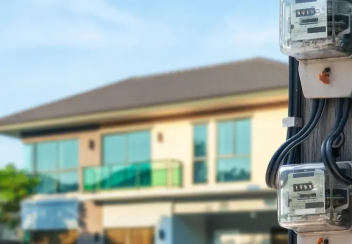 Medidores de luz, sensores eléctricos, en un poste frente a una casa moderna.
