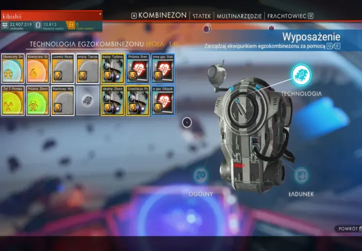 Egzokombinezon w No Man's Sky po aktualizacji. Zarządzanie technologią i wyposażeniem.