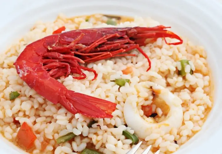 Delicioso arroz con carabineros, calamares y verduras. Un plato que huele a mar y sabe a tradición.