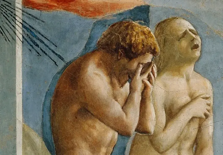 Masaccio wygnanie z raju: Adam i Ewa opłakują swój los, ich twarze wykrzywione bólem po utracie niewinności.
