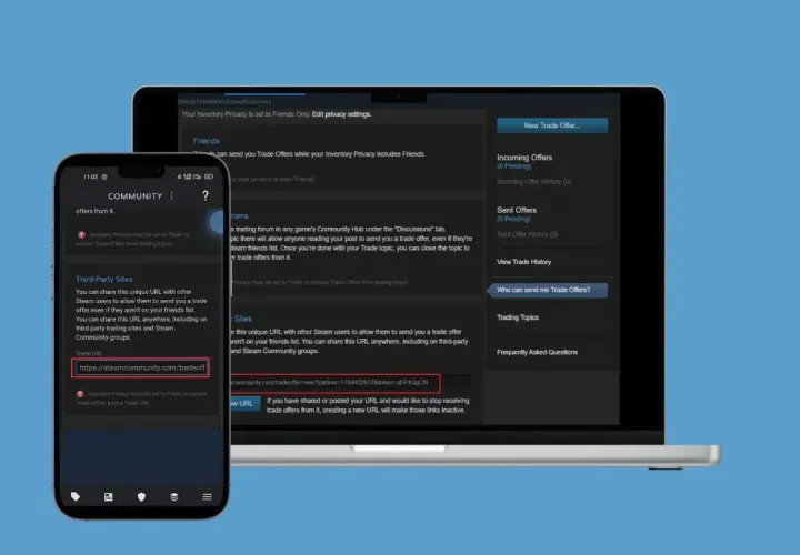Jak zrobic trade url na Steam? Na ekranie telefonu i laptopa widać instrukcję, jak uzyskać link do wymiany.