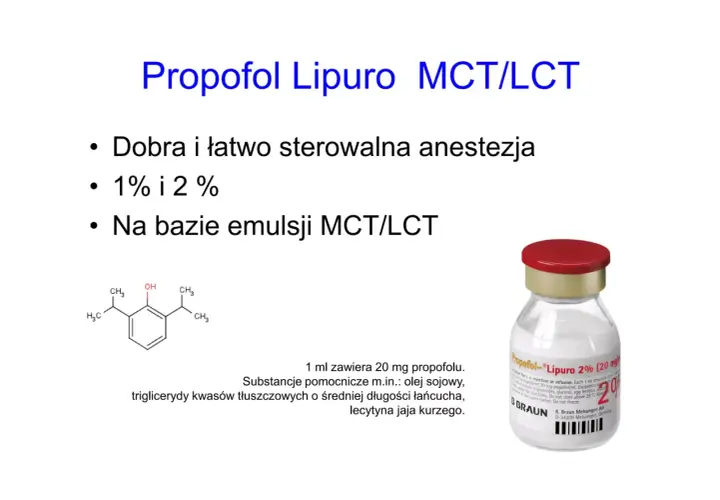 Propofol Lipuro MCT/LCT: co to jest? Emulsja do znieczulenia, 1% i 2%, na bazie MCT/LCT.