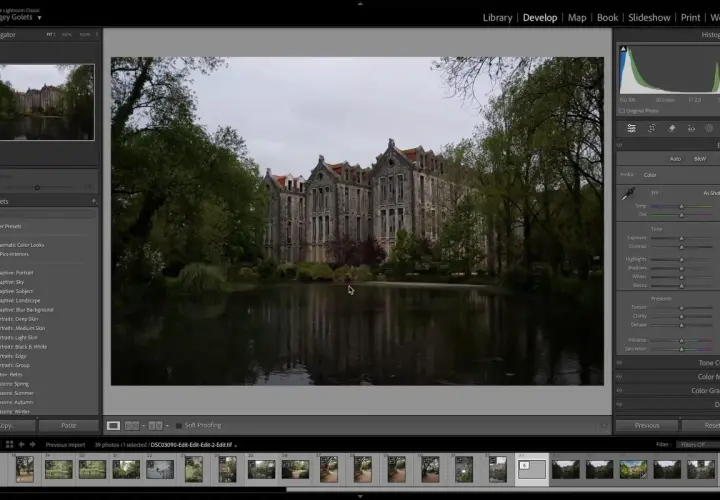 Edycja zdjęcia w Lightroom Classic, z widocznym budynkiem i jeziorem. Panel po prawej pokazuje narzędzia do color grading, w tym suwaki ekspozycji i balansu bieli.