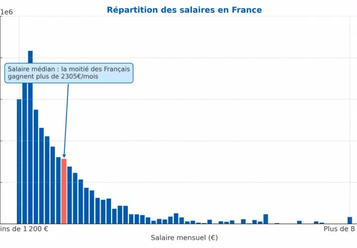 Histogramme montrant la répartition des salaires en France. Le salaire moyen est de 2305€/mois.
